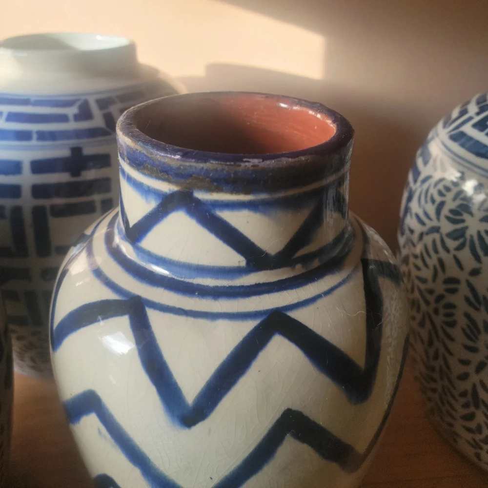 Vintage handmade vase blue white brass trim 9